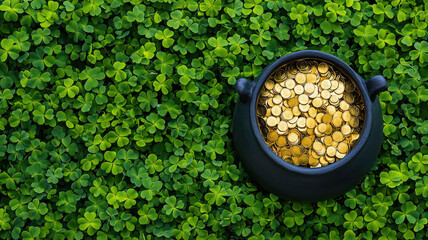 top down view of black cauldron filled with gold coins surrounded by green clovers, evoking sense of luck and prosperity