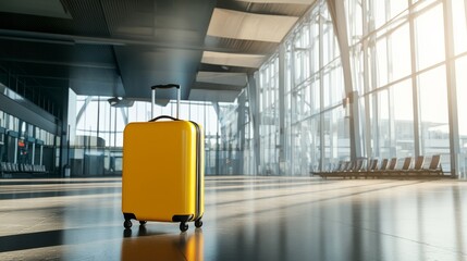 A sleek yellow suitcase standing in an empty modern airport terminal, bright sunlight streaming through glass walls, minimalistic and stylish, ultra-realistic, 4K.