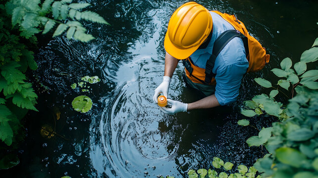Environmental Scientist Testing Water Quality in a Lush Green River