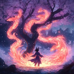A trickster kitsune spirit in human form, with nine glowing fox tails swirling behind them