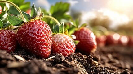 Fresh Red Strawberries Growing on a Farm Under Bright Sunlight with Green Leaves and Earth Background