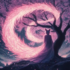 A trickster kitsune spirit in human form, with nine glowing fox tails swirling behind them