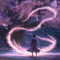 A trickster kitsune spirit in human form, with nine glowing fox tails swirling behind them