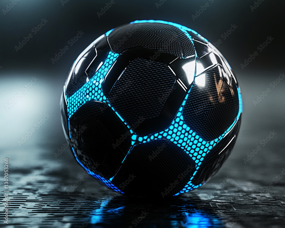 Poster Black sphere with blue glowing hexagonal patterns, futuristic design,  representing innovation, technology, and high-tech sport
