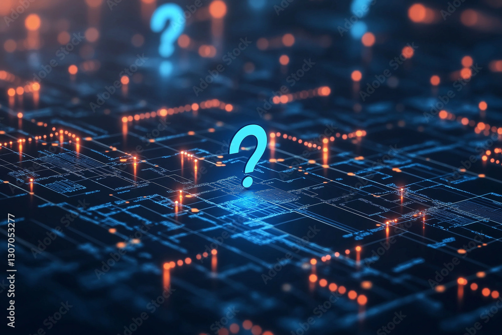 Poster abstract technology background with digital wireless network concept and blue question mark on the s