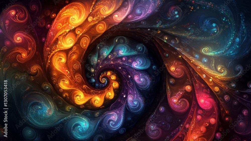 Poster a vibrant, swirling fractal design with vivid colors creating a mesmerizing, abstract pattern on a d