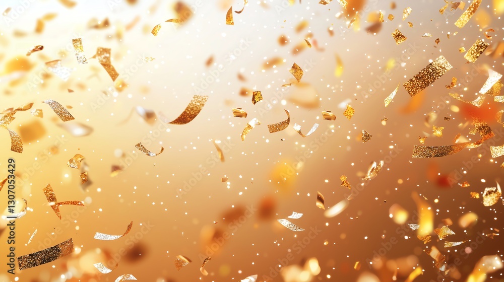 Poster delicate golden confetti floating against a warm gradient background, creating an elegant and minima