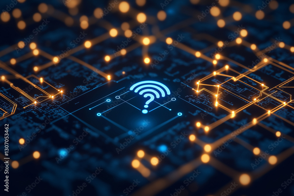 Poster abstract technology background with digital wireless network concept and blue question mark on the s