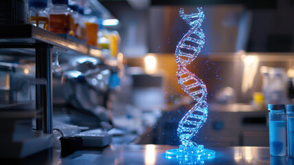 glowing DNA helix model in laboratory setting, symbolizing genetics and science