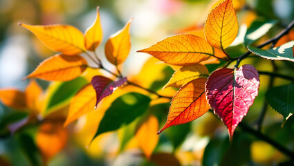 Fototapeta premium A cluster of backlit leaves, illuminated by sunlight against a softly blurred background, celebrating nature’s gentle, seasonal transformation and beauty
