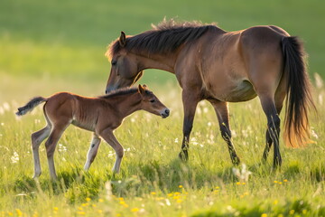 Mare and foal walking in green meadow at golden hour