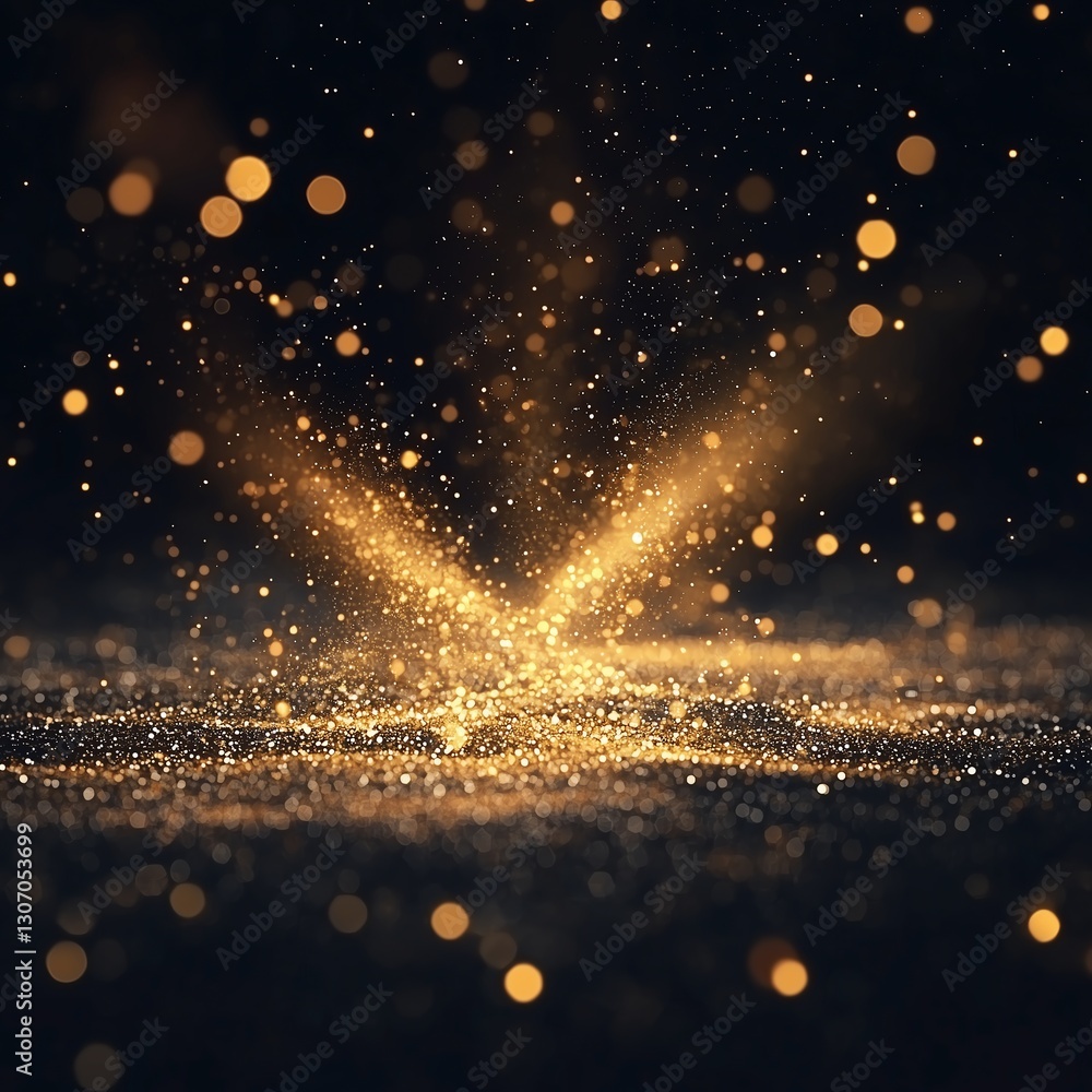Poster dynamic burst of golden glitter particles shimmering on a dark background, creating a luxurious and 