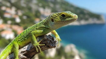 Vibrant green lizard on branch for nature enthusiasts