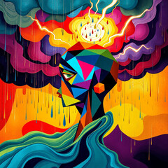 Obraz premium Abstract conceptual image of a human head amid a swirling storm, with tearful rain and lightning-shaped thoughts, symbolizing anxiety, emotional turmoil, and inner struggles