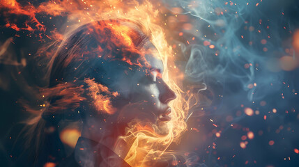 Fiery Abstract Portrait of a Woman Emerging from Flames and Smoke