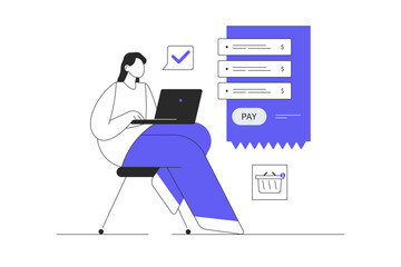 Virtual finance. Online banking. Woman making online shopping, ordering and paying of digital check. Flat Cartoon Vector Illustration, icon. Stylish abstract web