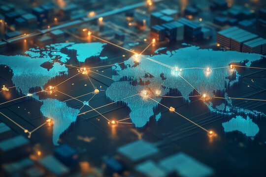 Intricate global value chains connecting manufacturers, suppliers, and distributors across borders - conceptual illustration of international trade and supply chains - Powered by Adobe
