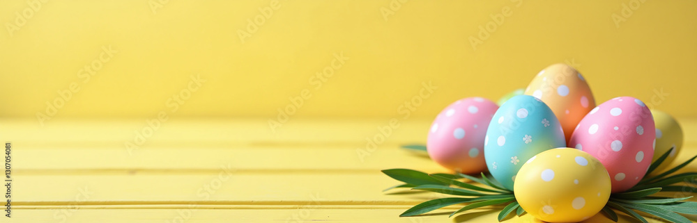 Poster soft focus photo of easter banner with delicate pastel egg design on a bright yellow wooden backgrou