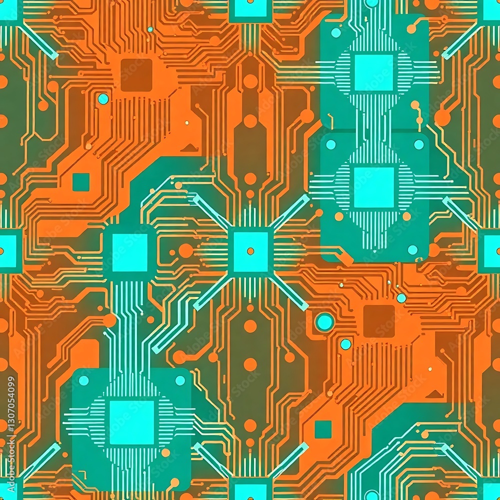 Poster seamless circuit board: abstract design of a complex circuit board in vibrant orange and teal, highl