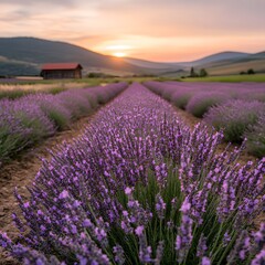 Obraz premium Sunrise Lavender Field Rows, Mountain Sunset, Rural Farm