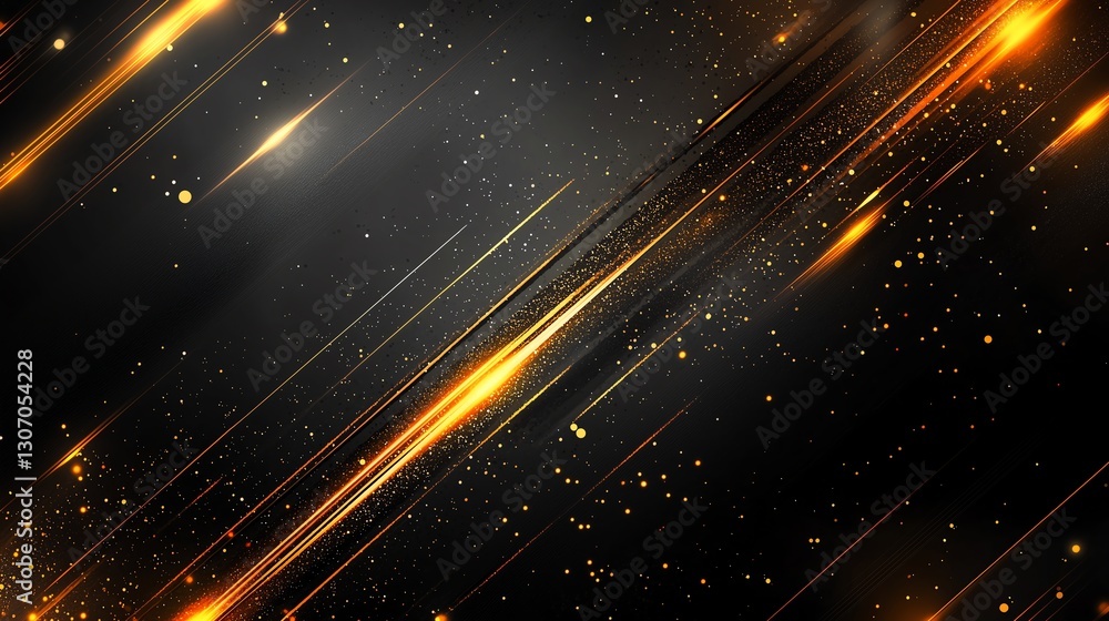 Poster modern abstract composition with glowing golden diagonal lines on a deep black background, creating 