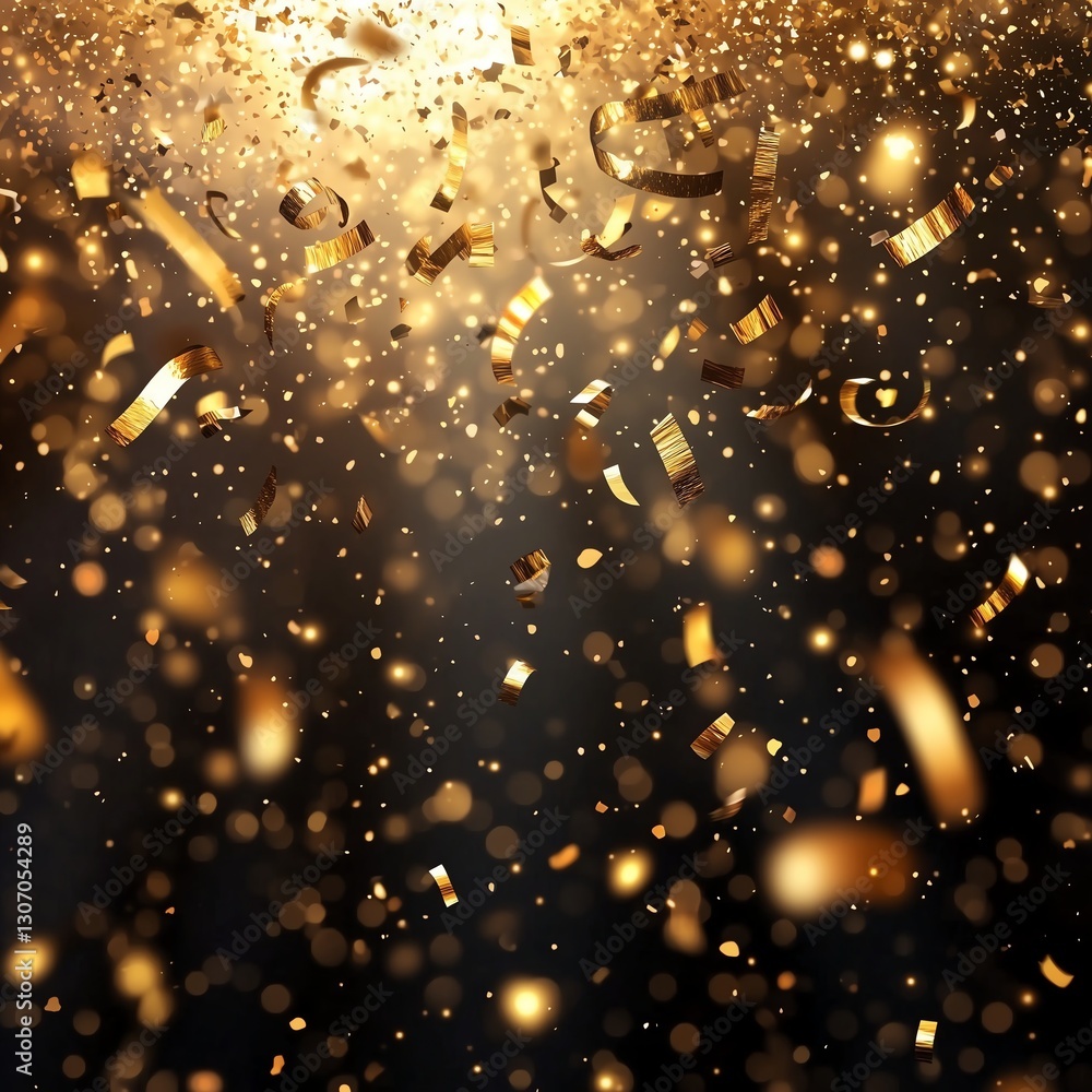 Poster floating golden tinsel and confetti against a transparent background, featuring soft glow and subtle