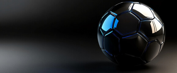 Naklejka premium Black soccer ball with blue highlights, glossy finish, rests on dark surface, suggesting sport, competition, or victory