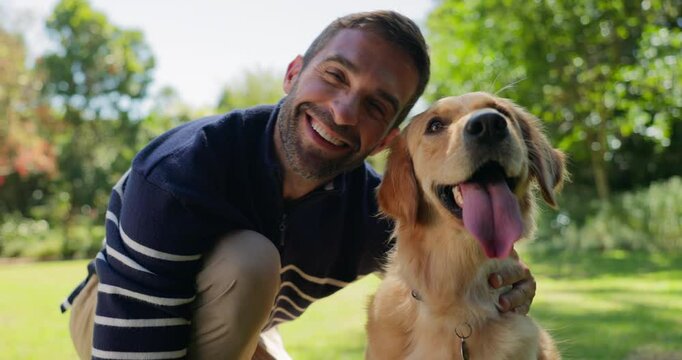 Man, dog and face with hug in park for walk, run or game of fetch break in outdoor nature. Male person, owner and pet or Labrador animal with touch for reward, support or care in forest for training