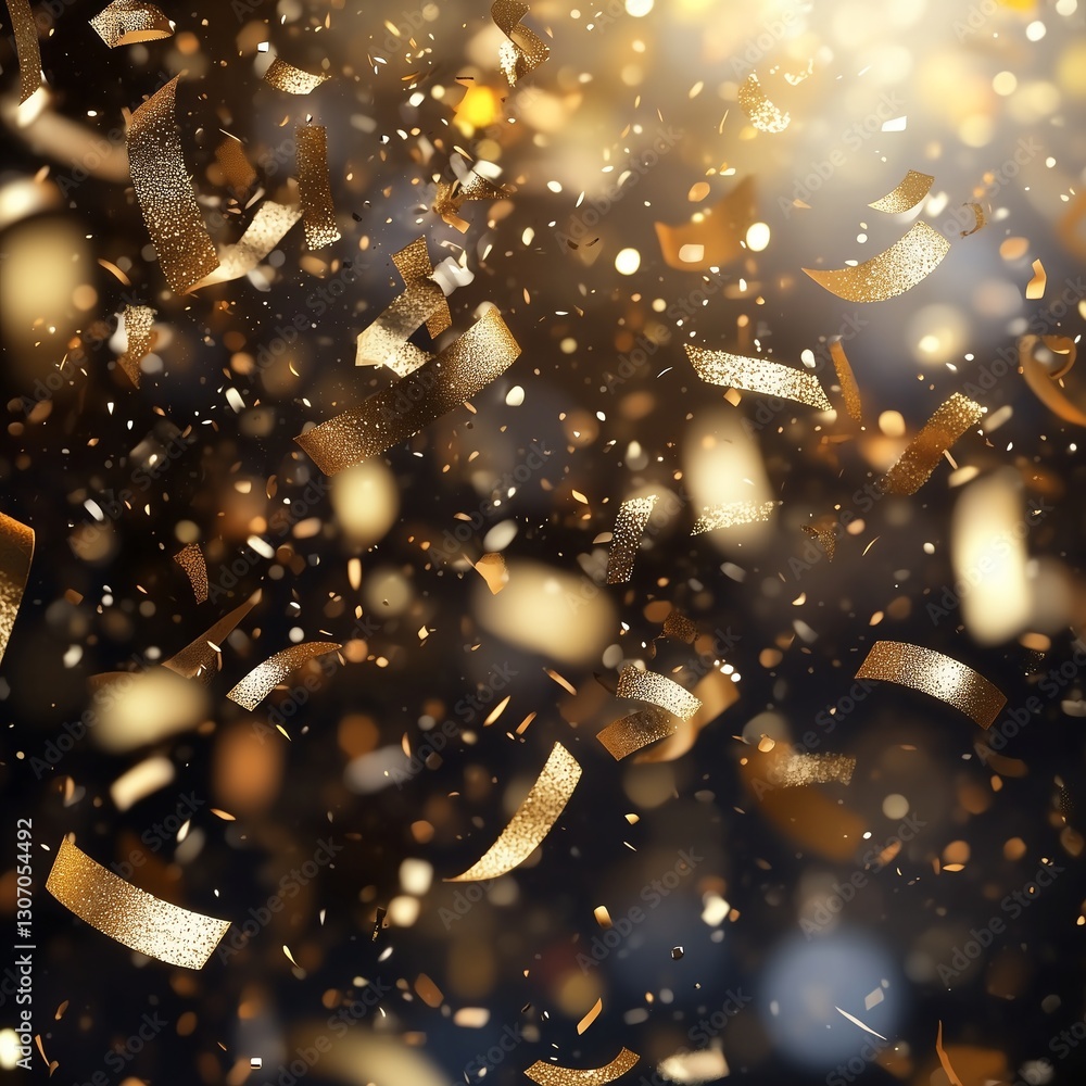 Poster floating golden confetti on a transparent background, shimmering with soft light effects, creating a