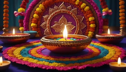 Colorful Diwali Festival Celebration with Traditional Diyas and Rangoli on a Decorative Table