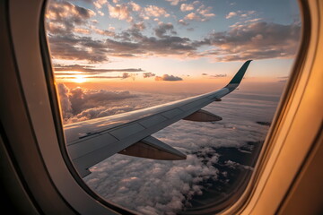 Fototapeta premium Airplane wing flying above clouds during golden hour sunset