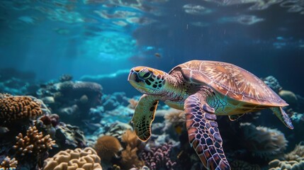 Obraz premium Majestic Sea Turtle Gracefully Navigating Vibrant Coral Reef