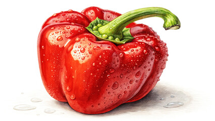 Red sweet pepper, pepper with a smooth, shiny surface and bright green stalk. A vegetable for use in cookbooks, recipes, promotional materials, food packaging and design related to healthy eating 