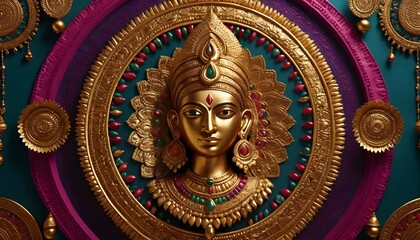 Fototapeta premium Intricate Gold and Colored Wall Art Depicting Hindu Goddess with Traditional Design Elements