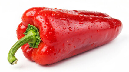 Red sweet pepper, pepper with a smooth, shiny surface and bright green stalk. A vegetable for use in cookbooks, recipes, promotional materials, food packaging and design related to healthy eating 