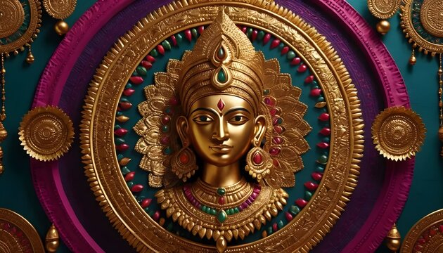 Intricate Gold and Colored Wall Art Depicting Hindu Goddess with Traditional Design Elements