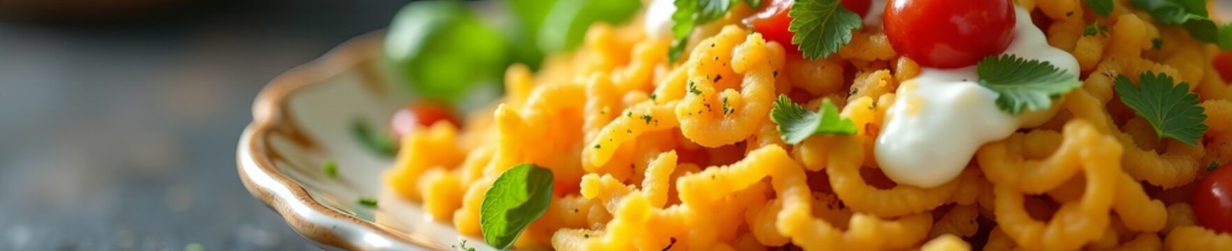 Close-up of colorful papri chaat dish on plate with yogurt, mint chutney, tamarind sauce, street food, traditional, savory snack