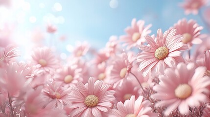 Pastel pink daisy field in sunlight.