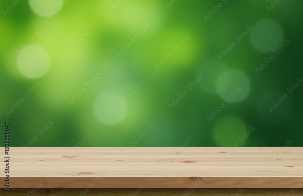 Aufkleber Simple Scene Featuring A Green Background With Blurred Bokeh And A Minimalist Setup Of An Empty Wooden Table.
