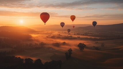 Breathtaking hot air balloons soaring at sunrise over misty valleys, creating serene landscape