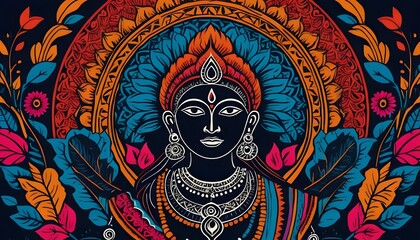 Obraz premium Colorful intricate illustration of goddess with flowers and leaves on dark background, spiritual art design