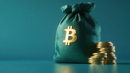 Green money bag with bitcoin symbol and coins. 