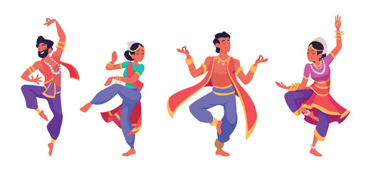 Indian dance. Male and female dancers traditional indian costumes for authentic performance exact vector cultural indian characters