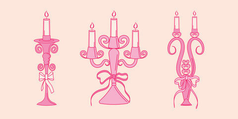 Trendy, flirty vintage candlesticks for wedding invitations, greeting cards and more with bows and ribbons. Vector illustration.