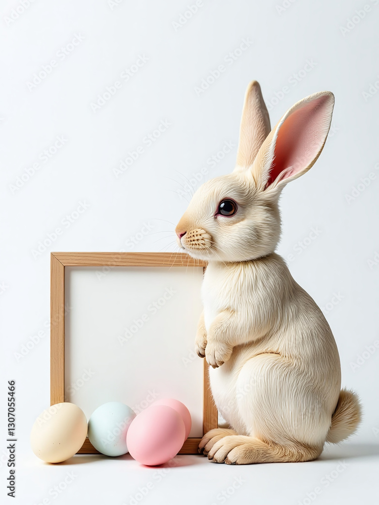 Aufkleber rustic wood bunny sign sits alongside pastel easter eggs on a white background with plenty of copy s