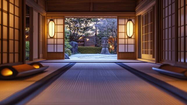 A traditional Japanese inn with tatami mats and sliding doors, soft lantern light, serene and peaceful atmosphere, ultra-realistic, high definition.