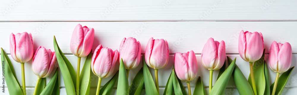 Poster pink tulips adorn a beautifully set easter table with a simple yet elegant white wooden background i