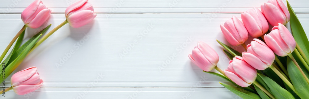 Poster pink tulips adorn a beautifully set easter table with a simple yet elegant white wooden background i