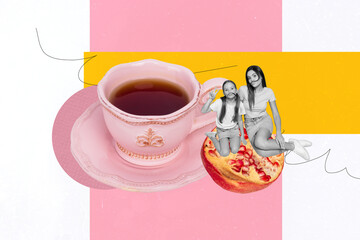 Contemporary art banner collage of two happy girls pouted lisp mother daughter sit together...