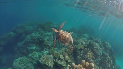 Obraz premium A large sea turtle swims above colorful underwater coral reefs